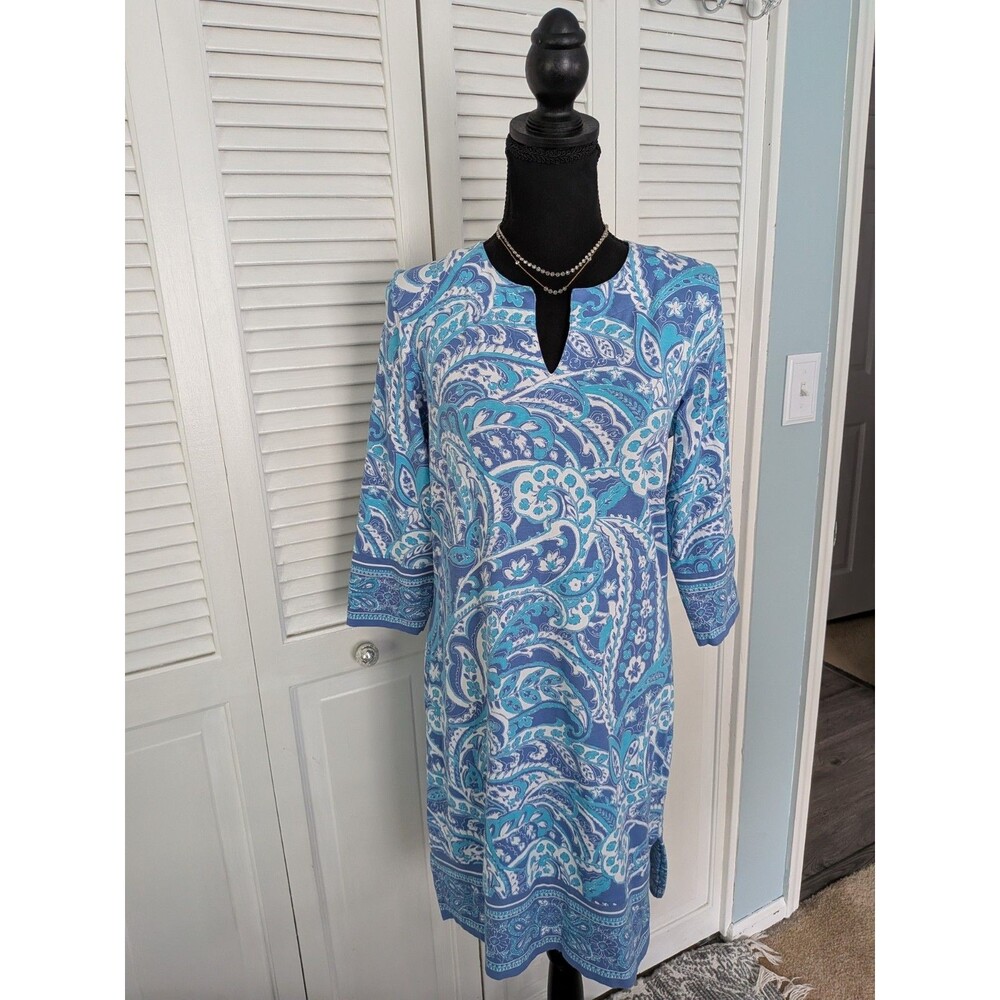 Coolibar Womens S Oceanside Paisley Tunic Dress UPF 50+ 3/4 Sleeve V Neck Resort